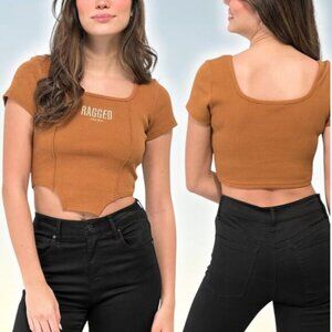 THE RAGGED PRIEST Corset Hem Squard Neck Ribbed Crop Top Sz 6 Brown Orange